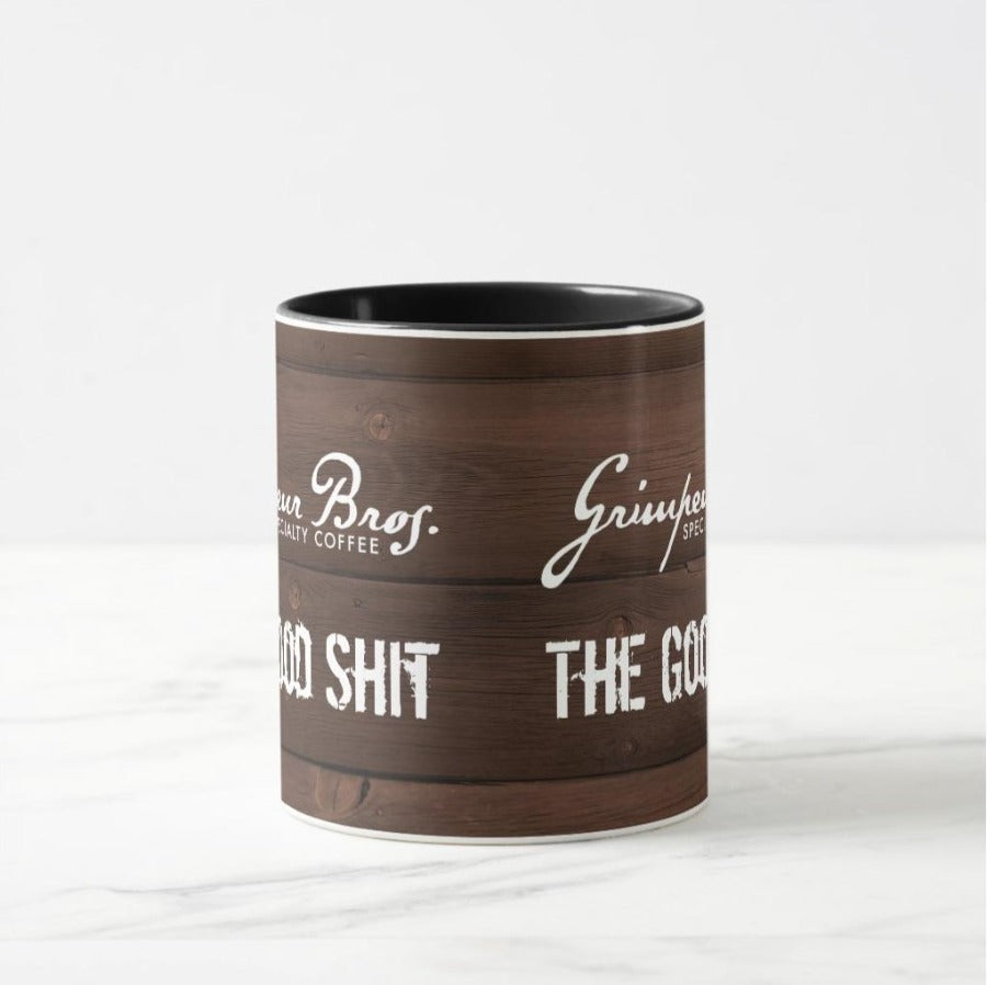 The_Good_Shit_SO_Coffee_Mug_Bundle_Wood_Panel_Mug. GrimpeurBros.com's The Good Shit 1lb Single Origin Coffee and 11 oz Mug Bundle is comprised of a 1 lb bag of The Good Shit Single Origin Coffee - our current favorite Single Origin from our coffee line up, and a one The Good Shit 11 oz coffee mug. Good Morning Single Origin coffee is roasted on a weekly basis.