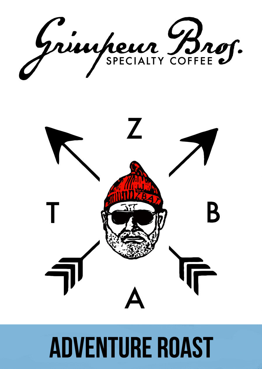 Adventure_Roast_FreeBird_Velo_Collab_Coffee. GrimpeurBros.com's Adventure Roast is a strong, smoky specialty coffee blend with pleasant bittersweet chocolate and caramel notes that are perfectly extracted with a moka pot, french press or as an espresso. This medium roast blend is roasted weekly to order with whole beans are available 8oz, 12oz, 1lb, and 2lb bags.