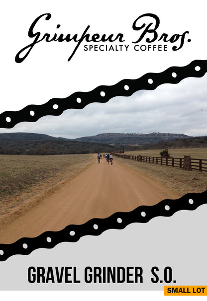Gravel_Grinder_Single_Origin_Coffee_Label.  Gravel Grinder Single Origin Small Lot is a tasty coffee grown and harvested in Oaxaca, Mexico. This GrimpeurBros.com weekly-roasted coffee features cherry, citrus, and chocolate tasting notes with a sweet, smooth mouthfeel.. Whole beans are available in 8oz, 12oz, 1lb, and 2lb bags.