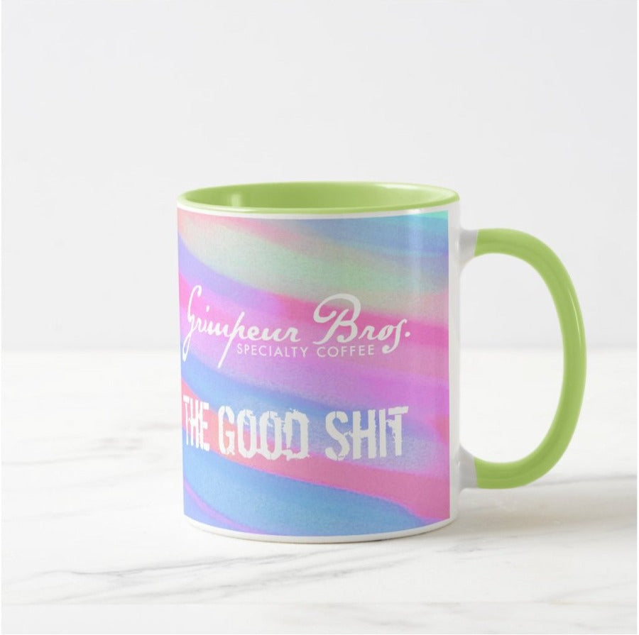 The_Good_Shit_SO_Coffee_Mug_Bundle_Pastel_Mug_Handle_Right. GrimpeurBros.com's The Good Shit 1lb Single Origin Coffee and 11 oz Mug Bundle is comprised of a 1 lb bag of The Good Shit Single Origin Coffee - our current favorite Single Origin from our coffee line up, and a one The Good Shit 11 oz coffee mug. Good Morning Single Origin coffee is roasted on a weekly basis.