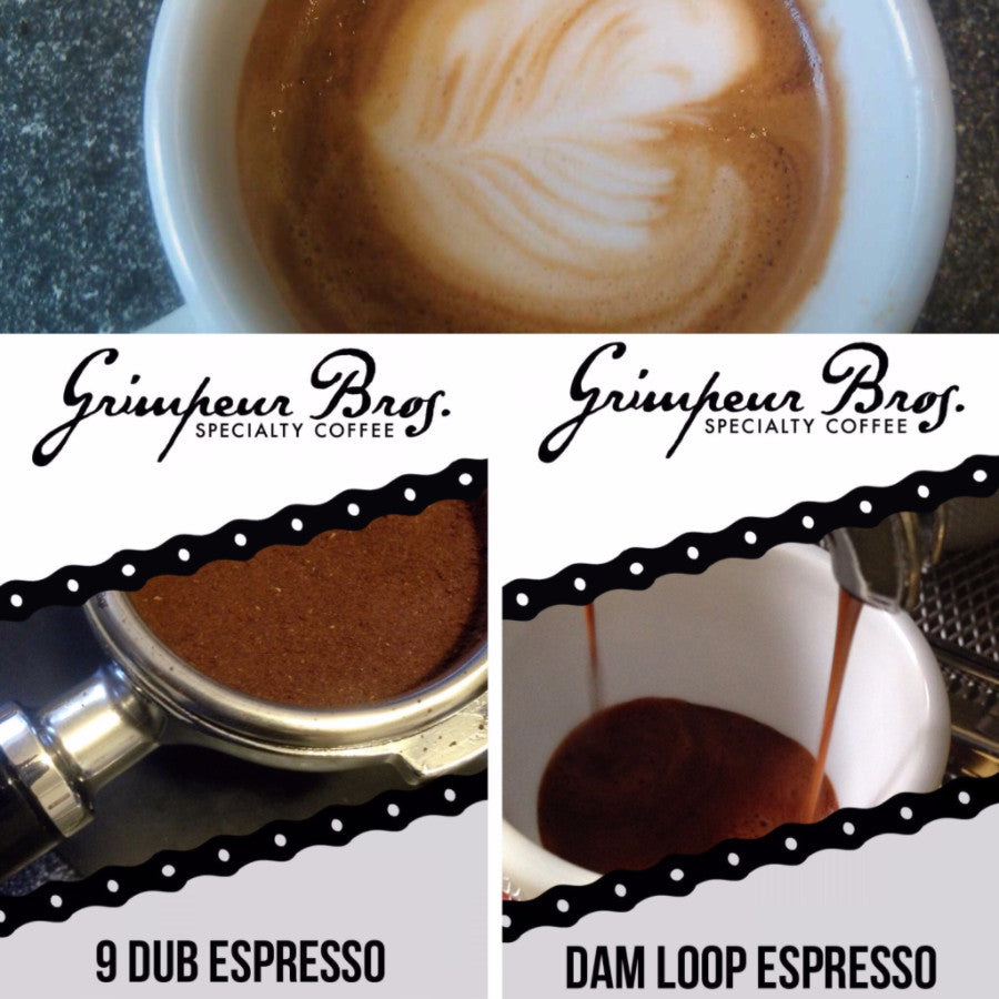 9_Dub_Espresso_Dam_Loop_Espresso_Bundle_Labels. GrimpeurBros.com has put together our two favorite espressos for the coffee and bike geek in your life. The 9 Dub Espresso | Dam Loop Espresso Bundle offers two incredible but distinct espressos. Rich chocolate notes with a creamy dulce de leche sweetness vs. all fruit upfront with nice chocolate notes at the finish. 