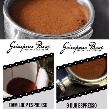 Grimpeur_Bros_Espresso_Subscription_Choices. GrimpeurBros.com makes at-home espresso easy peasy with our espresso subscription programs. On the first of each month, the Grimpeur's Choice Espresso Subscription Plan sends you either 9 Dub or Dam Loop espresso to your home automatically. Espresso sub plans run for three, six, nine & twelve months. 